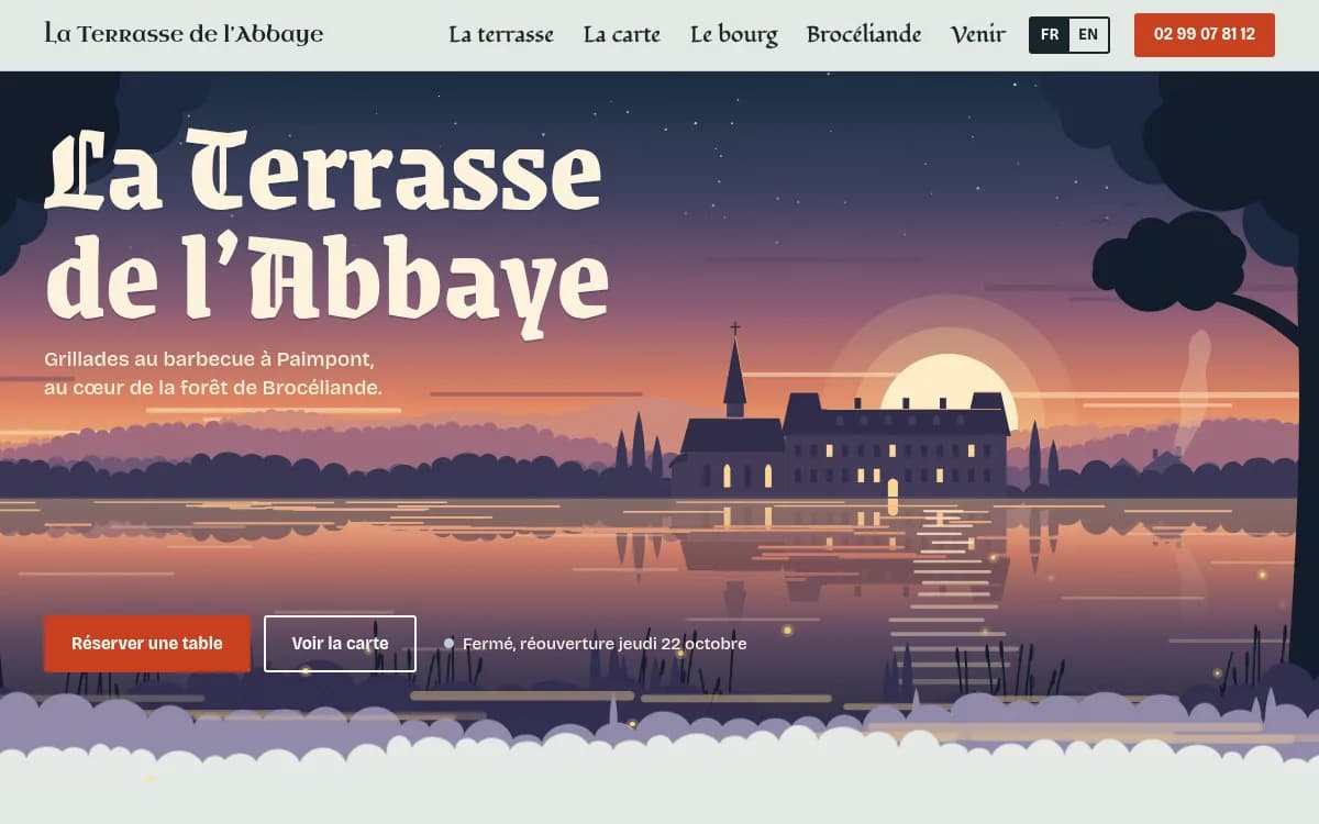 Page d'accueil de La Terrasse de l'Abbaye : abbaye de Paimpont dessinée au coucher du soleil