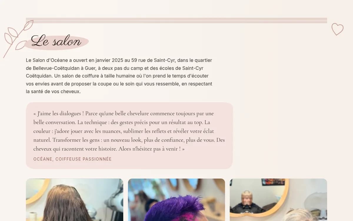 Section des prestations d'un site de salon de coiffure : papier crème, rose poudré, trois cartes